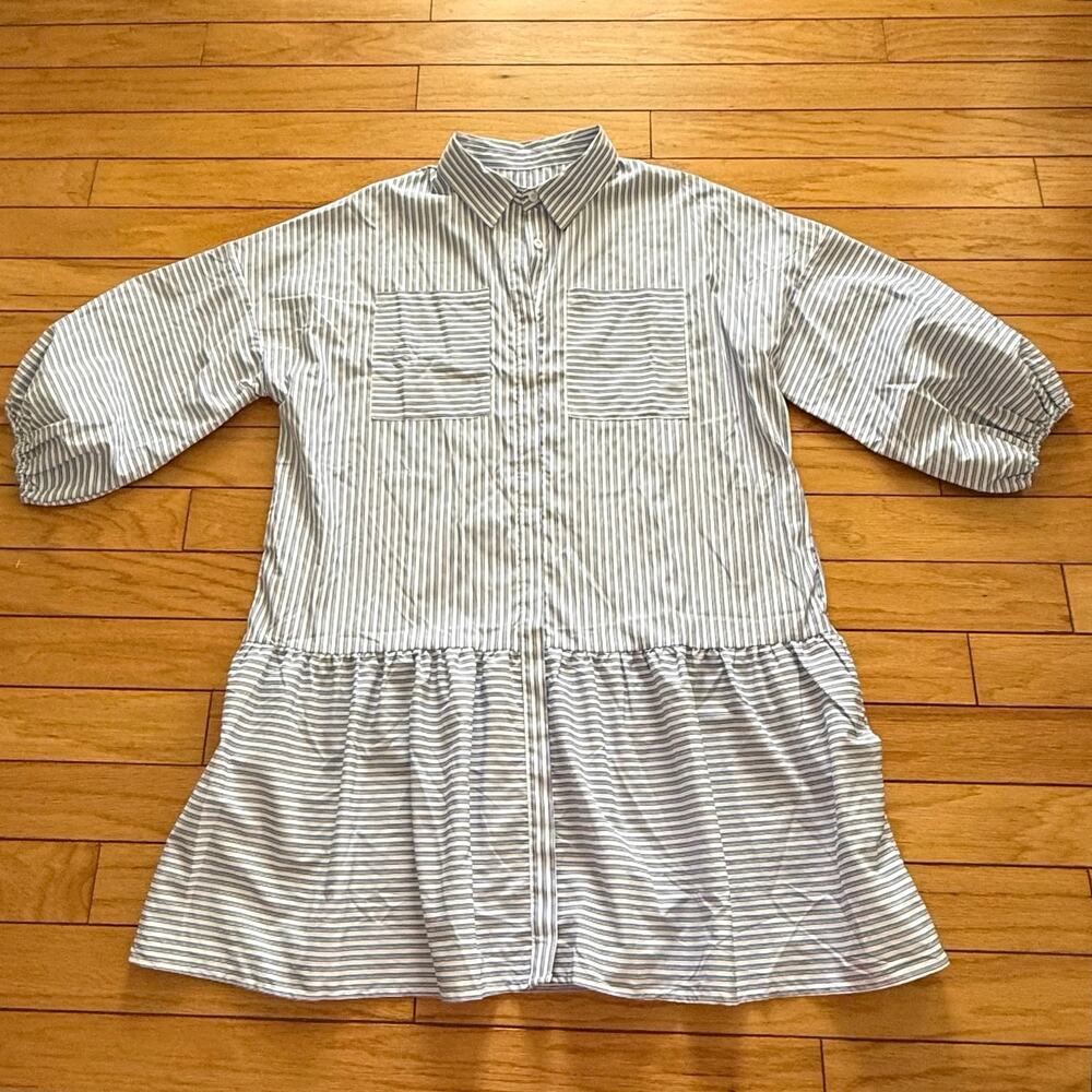 NWT Stripe Bubble Sleeve Shirt Dress Chest Pockets Light Blue/White Large